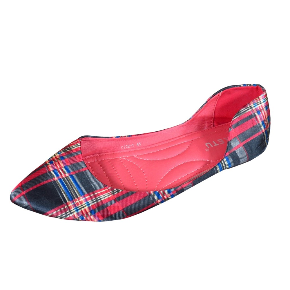 Siketu C222-1 Women Pointed Toe Flat Size 41 Holiday Dress Shoe Red Black Plaid